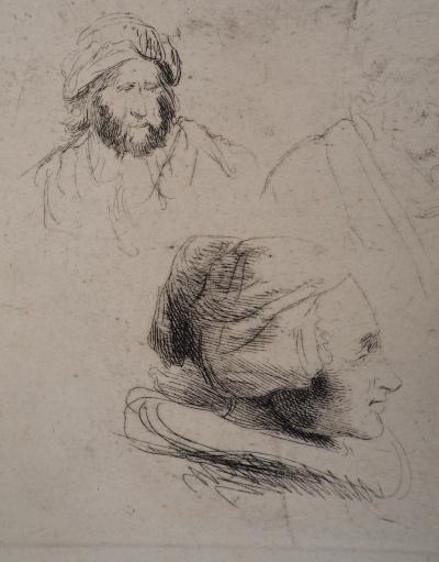 REMBRANDT (D’après) : Autoportrait et études de personnages - Gravure Signée 2