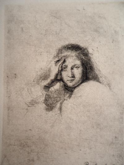 REMBRANDT (D’après) : Portrait de femme - Gravure Signée 2