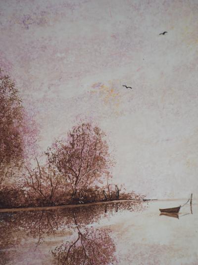 Olivier MAS : Bord du lac au petit matin - Gouache originale signée 2