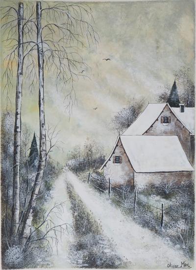 Olivier MAS : Maison sous la neige - Gouache originale signée 2