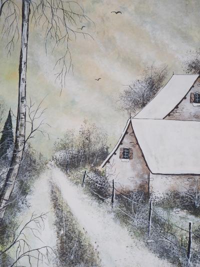 Olivier MAS : Maison sous la neige - Gouache originale signée 2