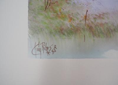 Guy RIBES : Sologne dans la brume - Aquarelle originale signée 2