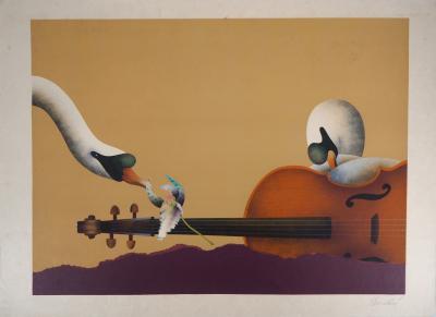 Jean-Paul DONADINI : Cygnes et violon  - Lithographie Originale Signée 2