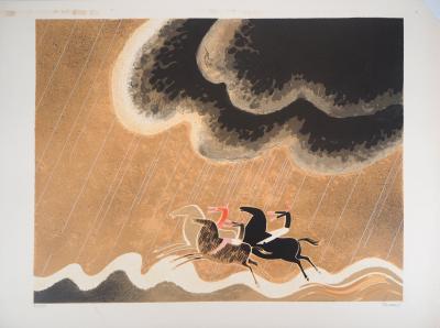 Albert ZAVARO :  Les chevaux dans la houle - Lithographie originale signée 2
