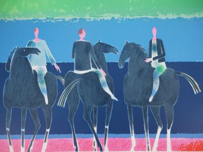 Albert ZAVARO : Trois hommes à cheval - Lithographie Originale Signée 2