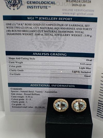 Gold Aquamarine and Diamond stud earrings 5.12ct 2