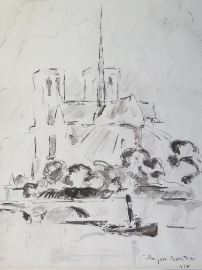 Roger BERTIN - La Seine devant Notre-Dame ,1935 - fusain et lavis  signé à la main 2