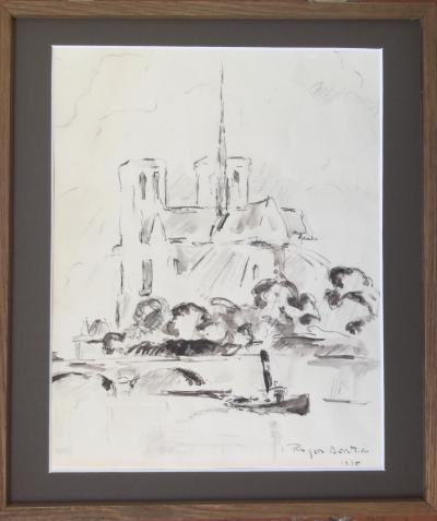 Roger BERTIN - La Seine devant Notre-Dame ,1935 - fusain et lavis  signé à la main 2