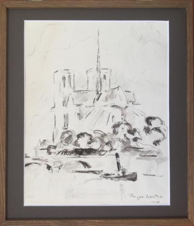 Roger BERTIN - La Seine devant Notre-Dame ,1935 - fusain et lavis  signé à la main 2