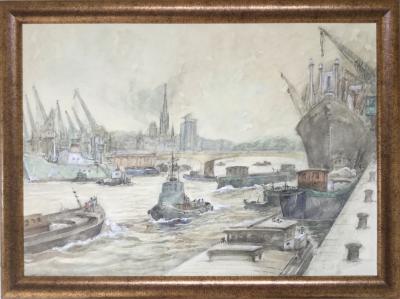 Guy MARC - Le port de Rouen , 1974 - Aquarelle sur carton signée 2