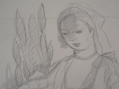 Marie LAURENCIN : Jeune fille au jardin, Dessin original signé 2