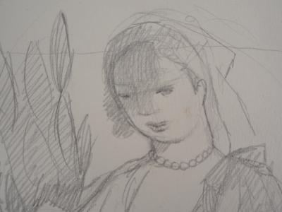 Marie LAURENCIN : Jeune fille au jardin, Dessin original signé 2