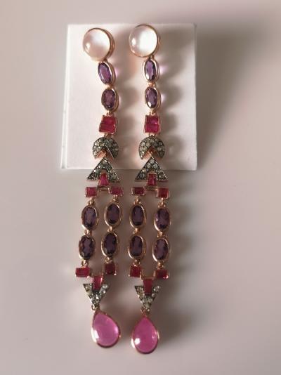 Boucles d’oreilles et argent  pierre de lune améthystes rubis et diamants 2