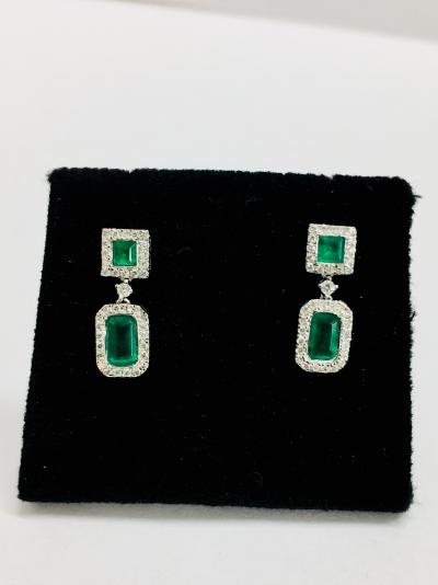 9Ct White Gold Emerald Diamond Drop Earrings, 0.20Ct 2