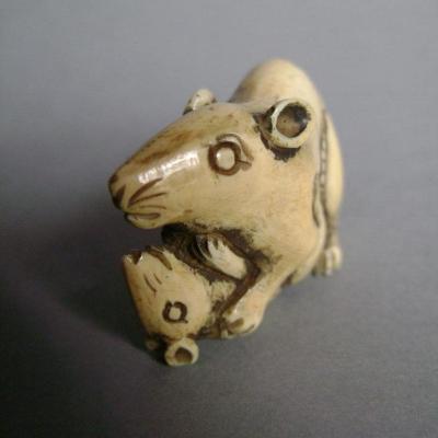 Japon - Netsuke en ivoire représentant un couple de rats 2