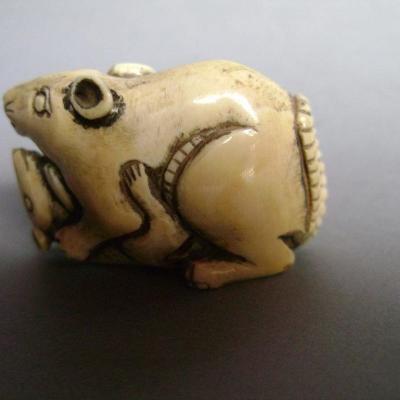 Japon - Netsuke en ivoire représentant un couple de rats 2