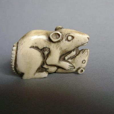 Japon - Netsuke en ivoire représentant un couple de rats 2