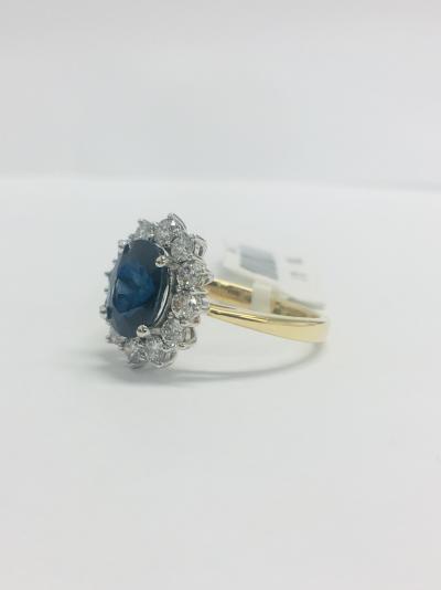 Bague 18 ct., Diamants en grappes et Saphir 1.18 ct. 2