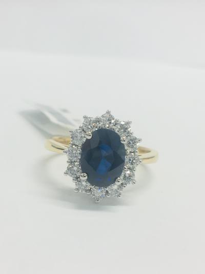 Bague 18 ct., Diamants en grappes et Saphir 1.18 ct. 2