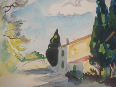 Yves BRAYER : Provence : Le Mas aux Cyprès - Aquarelle originale Signée 2