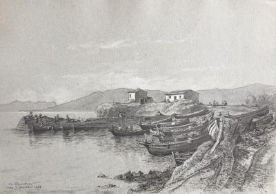 Ecole Française du XIXe - Antibes-Juan-les-Pins , le port du Croûton ,1888 - dessin monogrammé 2