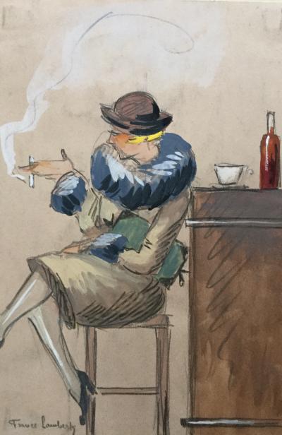 France LAMBERT - Élégante au bar, vers 1925 - aquarelle signée 2