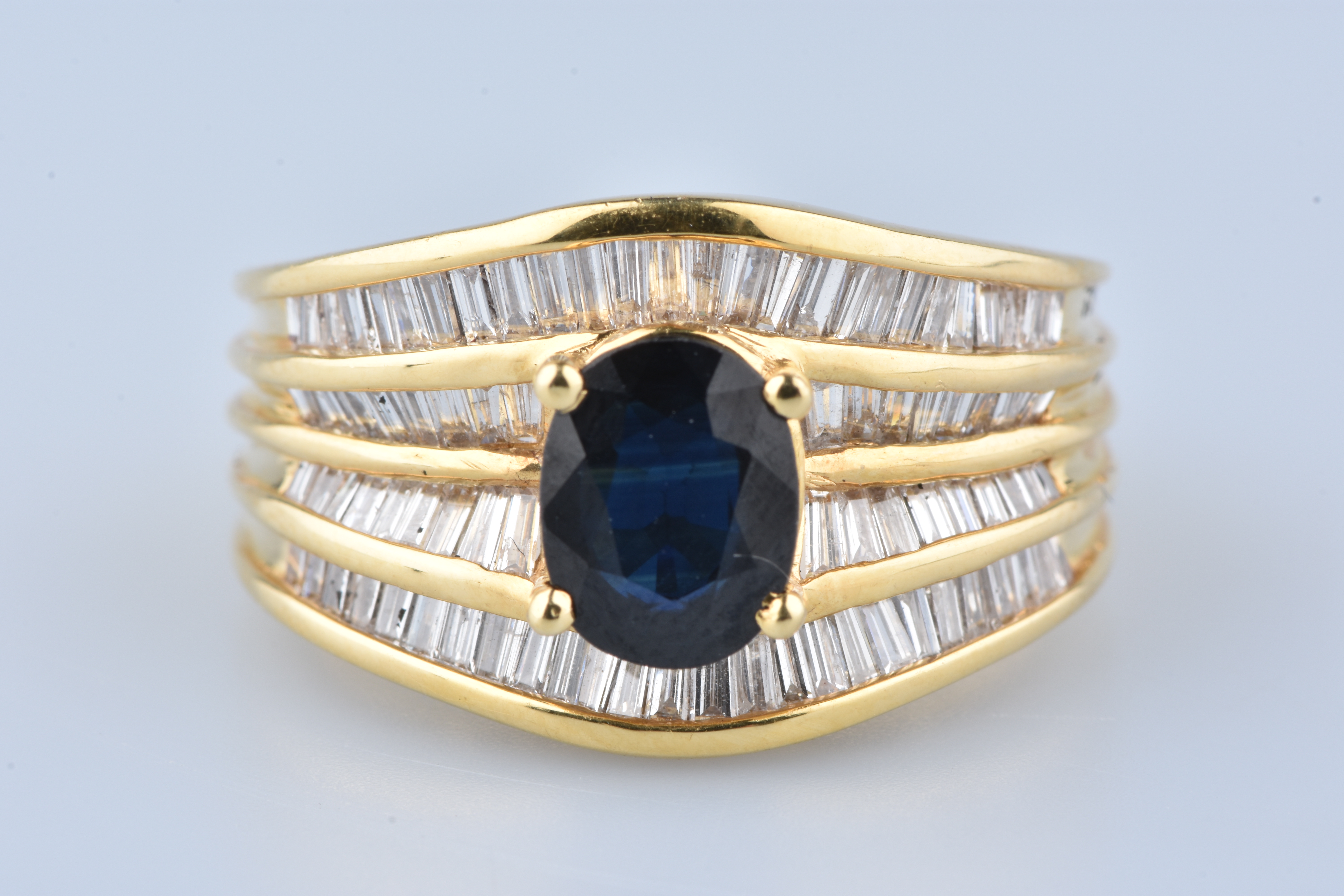 Bague En Or Jaune 18 Carats 750 - Saphir Et Diamants - Taille 54 - Occasion