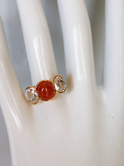 Bague en or jaune, grenat spessartite cabochons et zircons naturels - Certificat 2