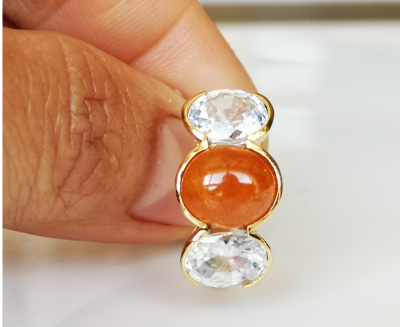 Bague en or jaune, grenat spessartite cabochons et zircons naturels - Certificat 2
