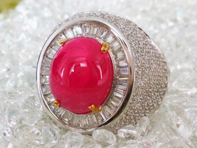 Bague en or et argent rubis cabochon de Birmanie de 11.47 carats et pierres blanches - certificat 2