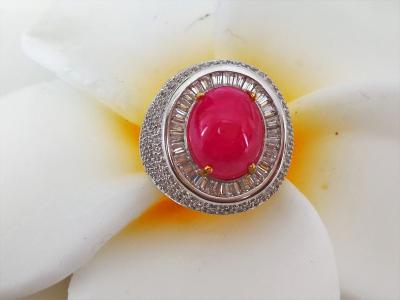 Bague en or et argent rubis cabochon de Birmanie de 11.47 carats et pierres blanches - certificat 2