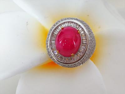 Bague en or et argent rubis cabochon de Birmanie de 11.47 carats et pierres blanches - certificat 2