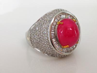 Bague en or et argent rubis cabochon de Birmanie de 11.47 carats et pierres blanches - certificat 2