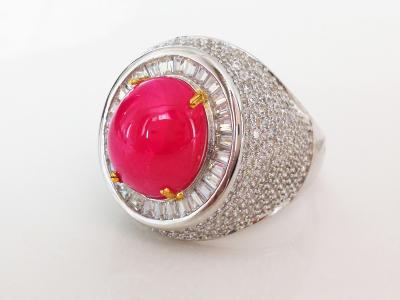 Bague en or et argent rubis cabochon de Birmanie de 11.47 carats et pierres blanches - certificat 2