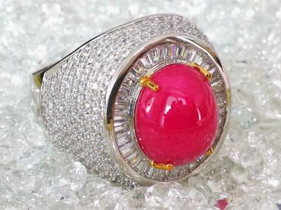 Bague en or et argent rubis cabochon de Birmanie de 11.47 carats et pierres blanches - certificat 2