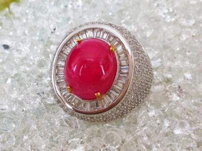 Bague en or et argent rubis cabochon de Birmanie de 11.47 carats et pierres blanches - certificat 2
