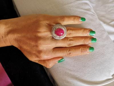 Bague en or et argent rubis cabochon de Birmanie de 11.47 carats et pierres blanches - certificat 2