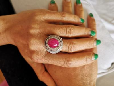 Bague en or et argent rubis cabochon de Birmanie de 11.47 carats et pierres blanches - certificat 2