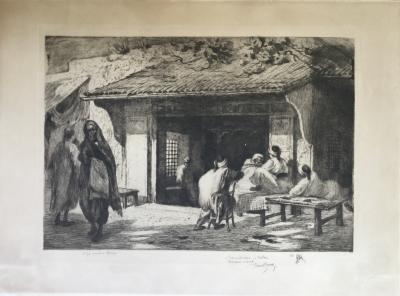 Raoul SERRES - Café à Tunis ,1911 - Pointe-sèche signée et dédicacée 2