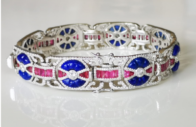 Bracelet de style art décor en or gris 18 carats  lapis lazuli , rubis calibrés et diamants - certificat 2