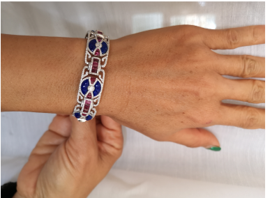 Bracelet de style art décor en or gris 18 carats  lapis lazuli , rubis calibrés et diamants - certificat 2