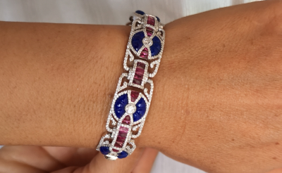 Bracelet de style art décor en or gris 18 carats  lapis lazuli , rubis calibrés et diamants - certificat 2