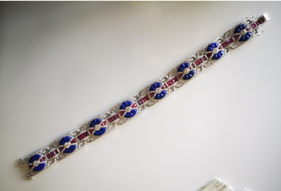 Bracelet de style art décor en or gris 18 carats  lapis lazuli , rubis calibrés et diamants - certificat 2