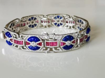 Bracelet de style art décor en or gris 18 carats  lapis lazuli , rubis calibrés et diamants - certificat 2