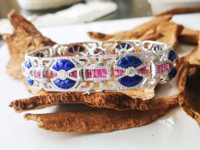 Bracelet de style art décor en or gris 18 carats  lapis lazuli , rubis calibrés et diamants - certificat 2