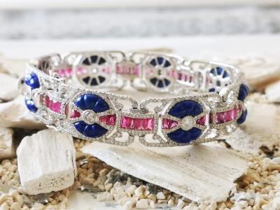 Bracelet de style art décor en or gris 18 carats  lapis lazuli , rubis calibrés et diamants - certificat 2