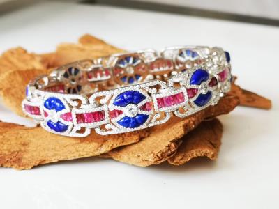 Bracelet de style art décor en or gris 18 carats  lapis lazuli , rubis calibrés et diamants - certificat 2