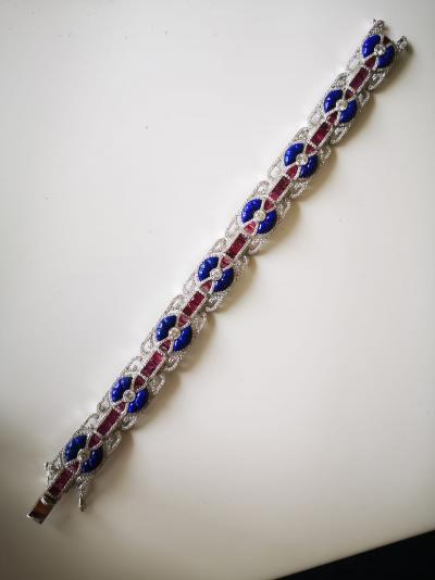 Bracelet de style art décor en or gris 18 carats  lapis lazuli , rubis calibrés et diamants - certificat 2