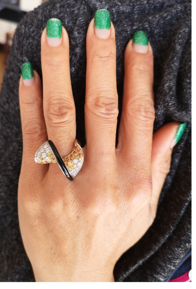 Bague originale  en or gris 18 carats  saphirs jaunes ou oranges et diamants onyx 2