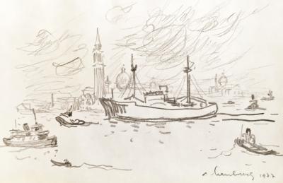 André HAMBOURG - Navire devant San Giorgio, Venise, 1977 - Dessin original signé 2